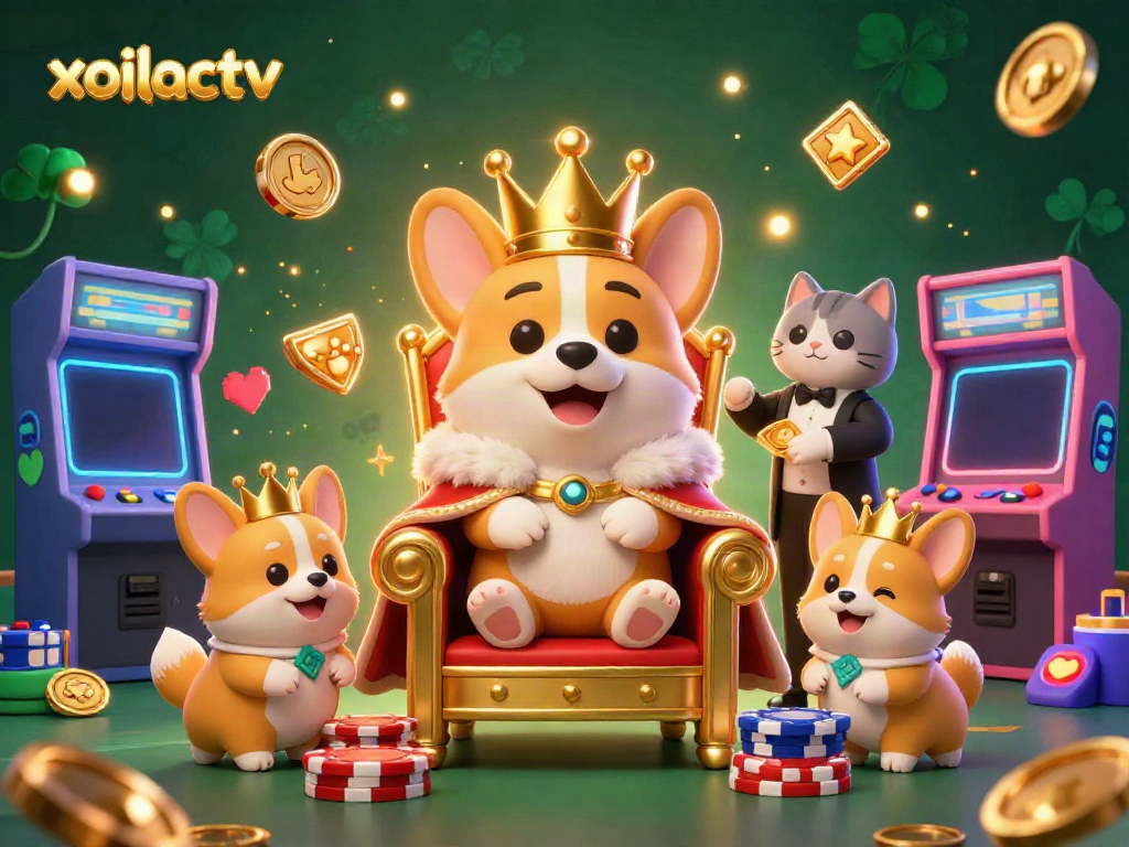 Join the royal gameplay at xoilactv with a crown-wearing corgi amidst vibrant casino visuals.