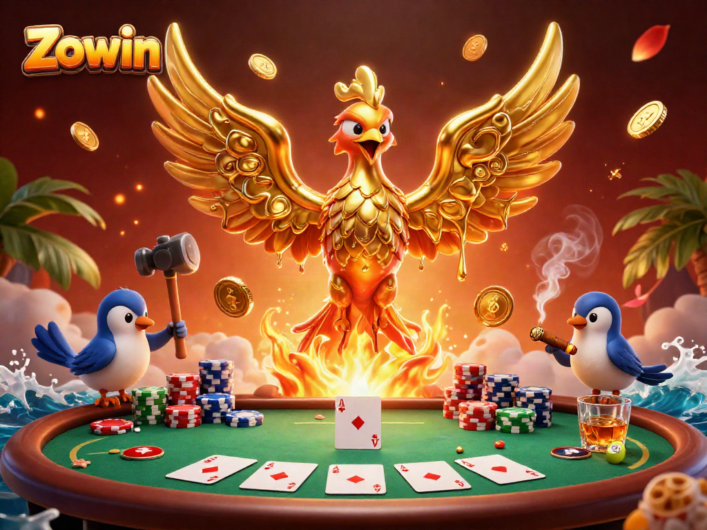 Engage in thrilling gameplay at Zowin with golden phoenix and poker elements in a dynamic casino scene.