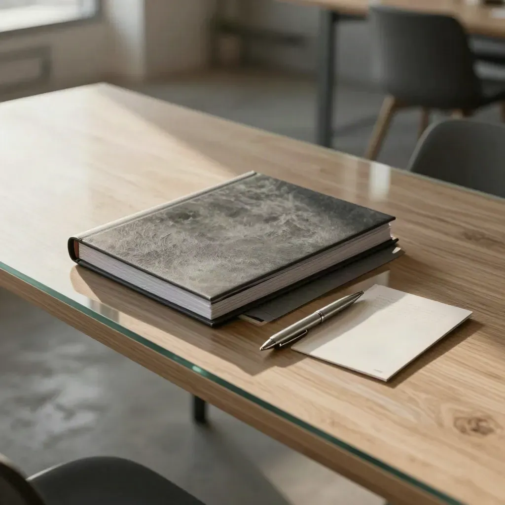 Top-down glass table with a pitch deck binder, colour tabs and product mockup in a Bristol coworking lounge