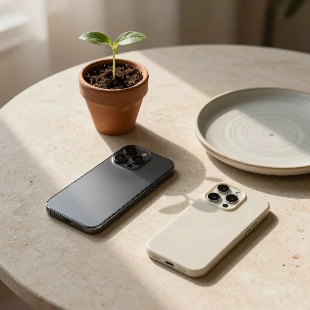 Seedling, phone, ceramic tray and prototype shell on a pale stone table in warm sunrise light.