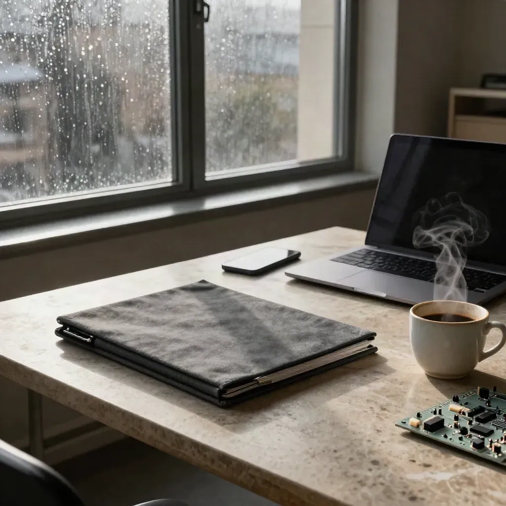 Rainy London startup war room with pitch folder, prototype board, laptop and coffee cup in cinematic haze.