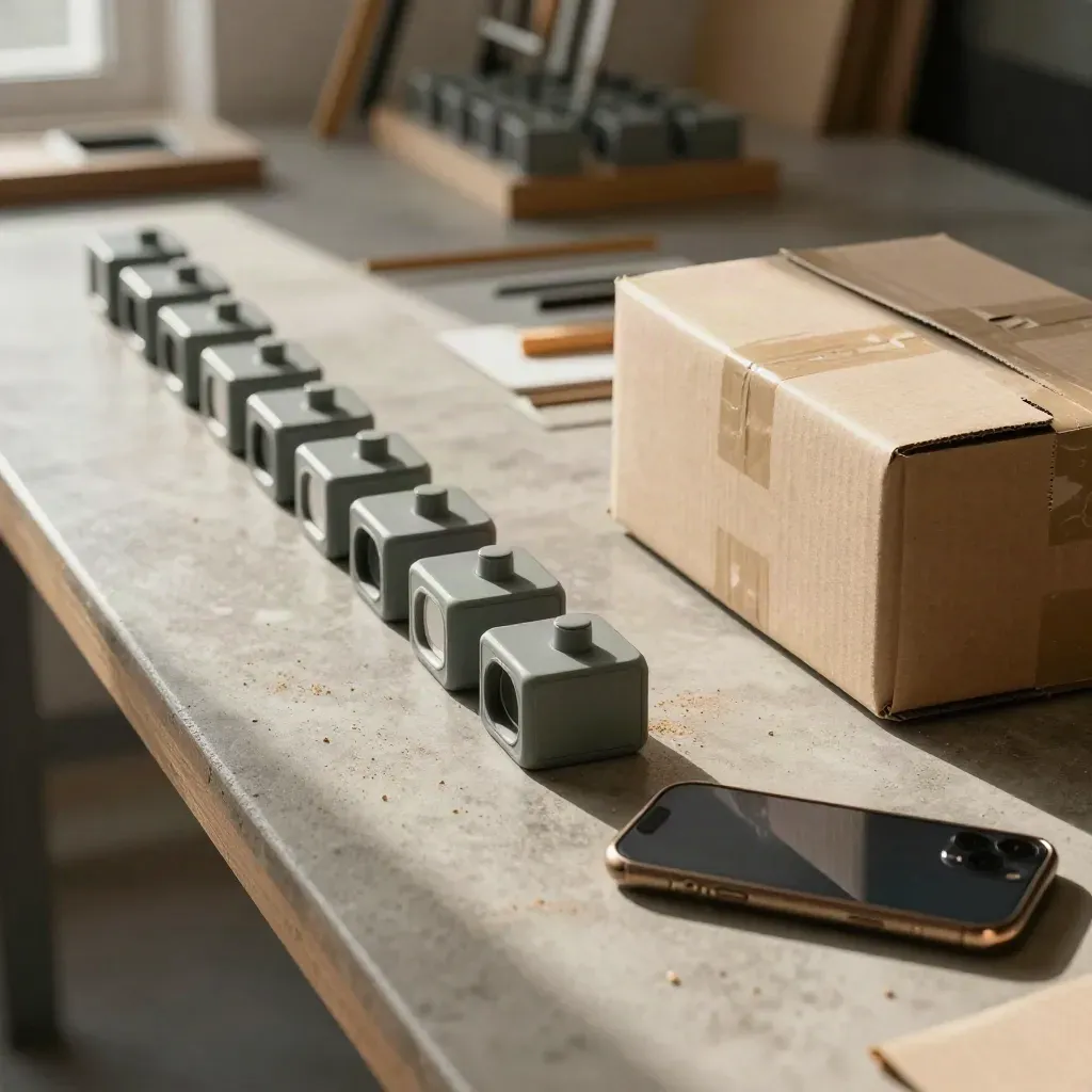 Matte sample units, shipping box and face-down phone on a concrete workbench in warm studio light.