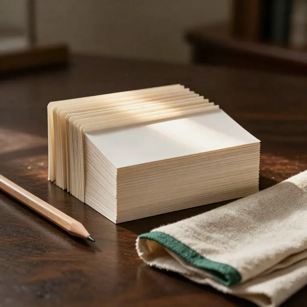 Ivory tab dividers, pencil, and folded cloth on dark oak in soft daylight.