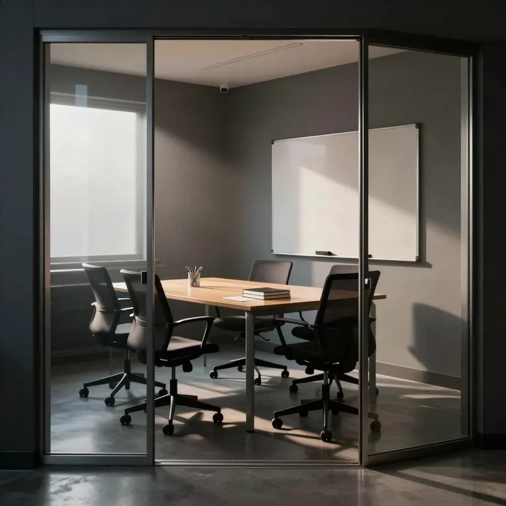 Empty glass meeting nook with three chairs, whiteboard, and stacked notebooks in dramatic light.