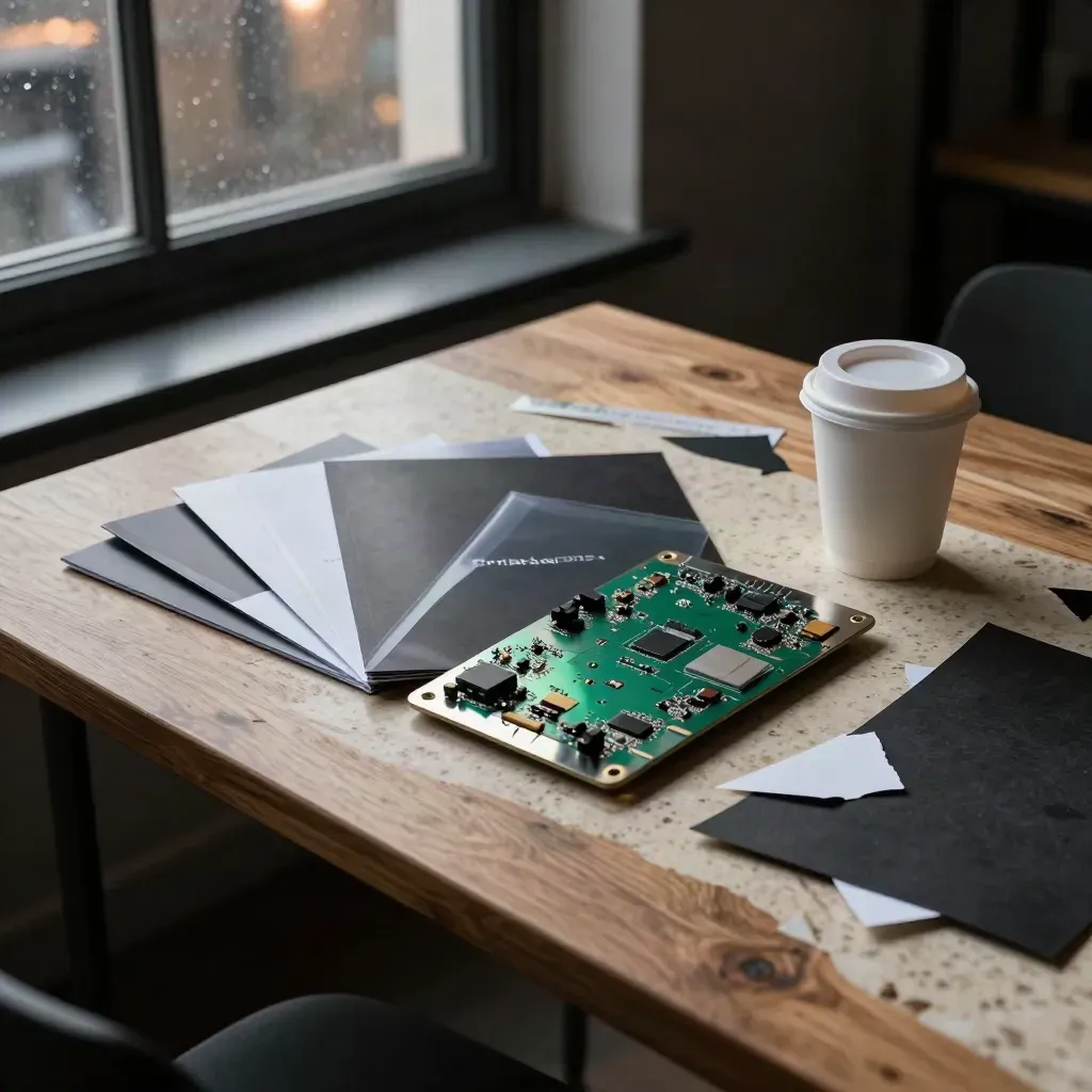 Loft table with investor pack, prototype board and coffee cup in dusk haze.