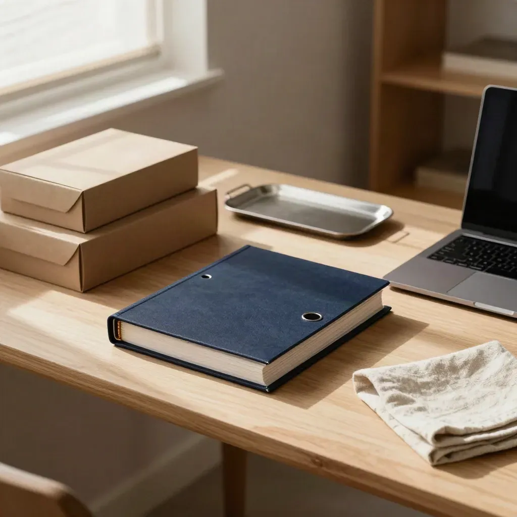 Sunlit startup Series A prep corner with sample boxes, navy binder and closed laptop.