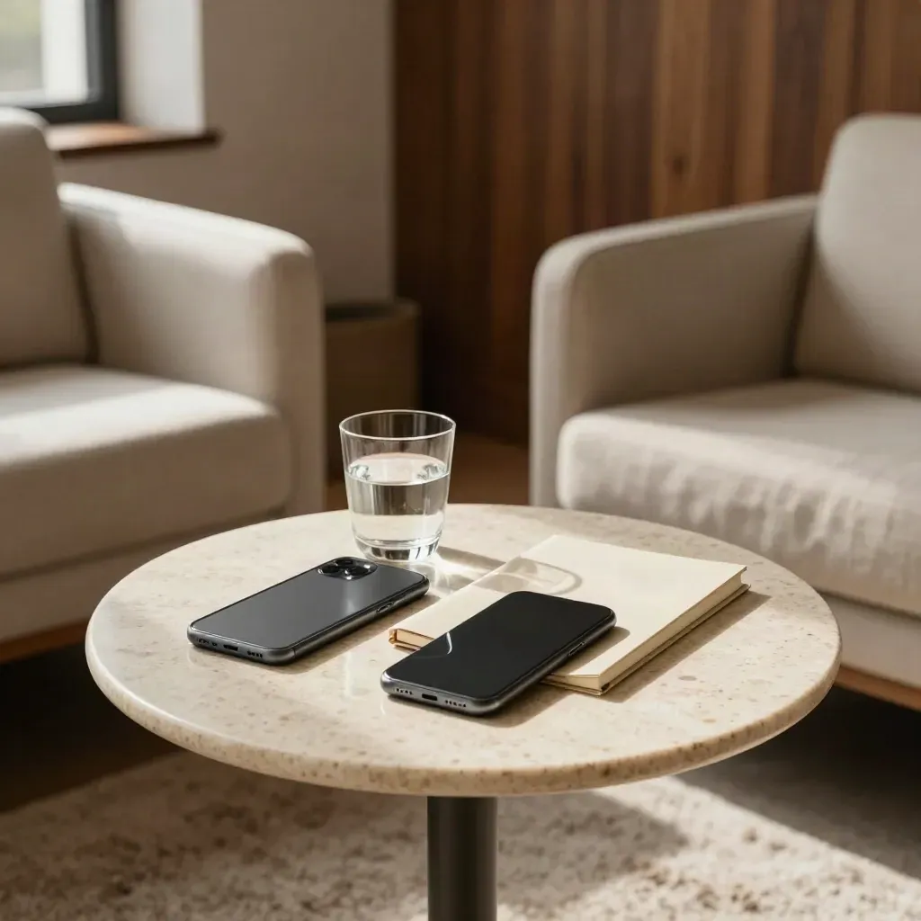 Quiet founder Q&A nook with phones, notebook and water on a side table in soft ivory light.