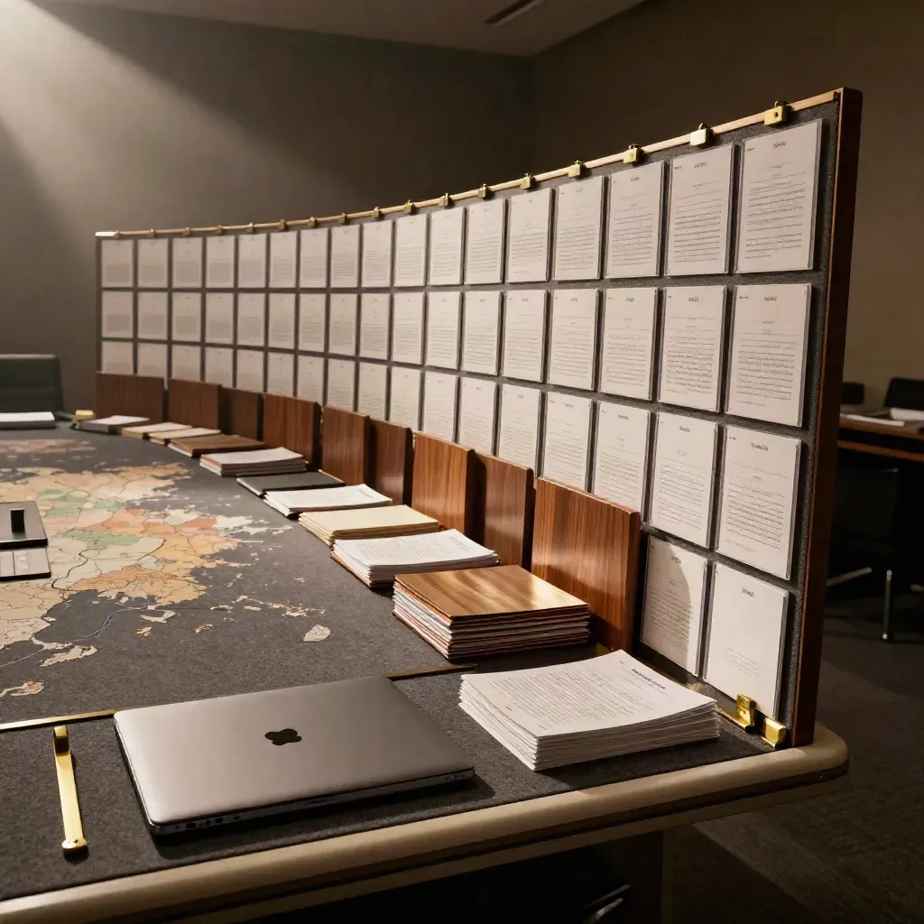 Tapered wall of fund cards with a closed laptop in a dim venture room