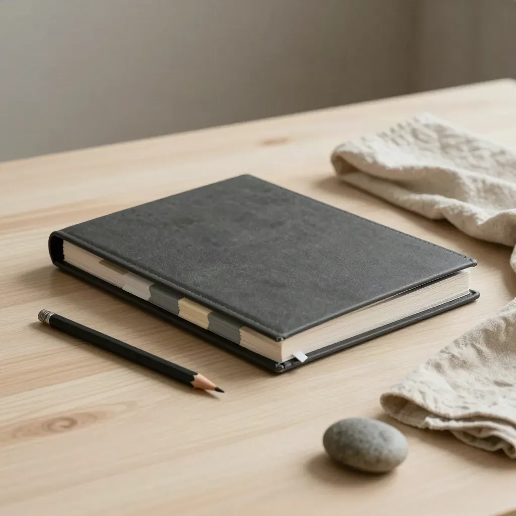 Black presentation binder, pencil and stone paperweight on pale oak with soft side light.