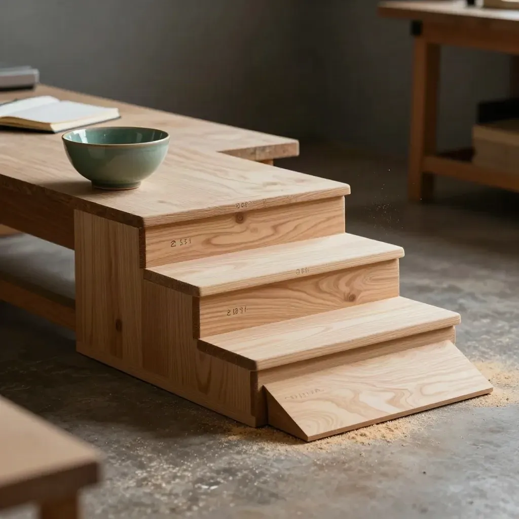 Wooden pricing steps beside a ceramic bowl and closed notebook on a workbench.