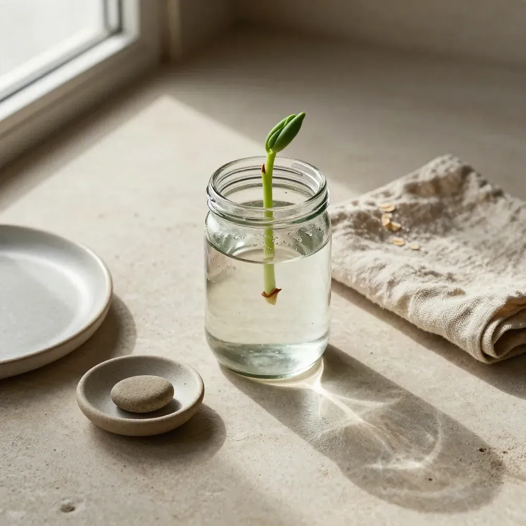Overhead still life of a propagation jar with a sprout, linen and stone dish