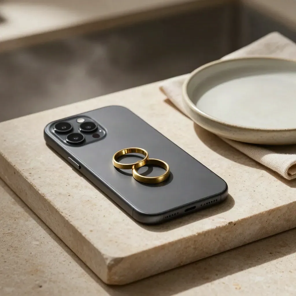Face-down smartphone, brass rings, ceramic dish and folded cloth on a stone tray