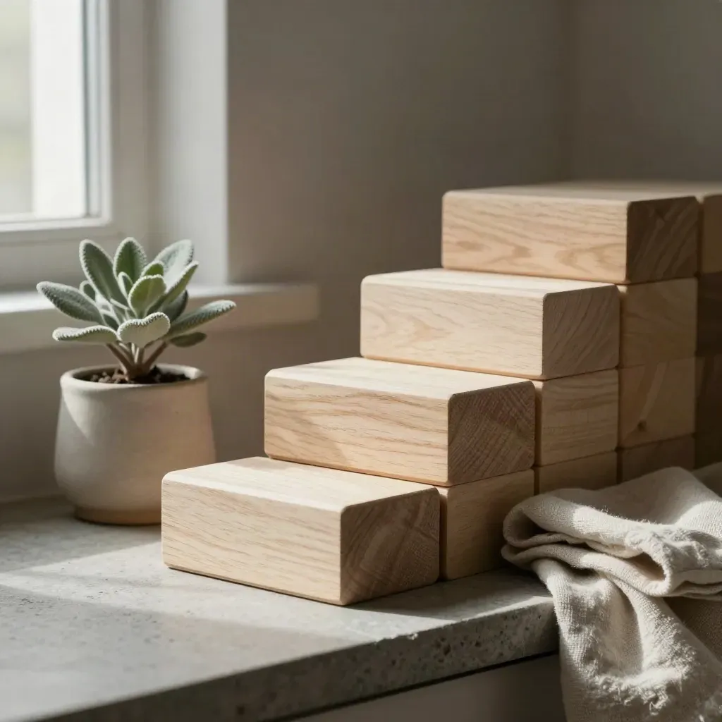 Three ascending wooden blocks on a stone shelf beside a plant and folded linen.