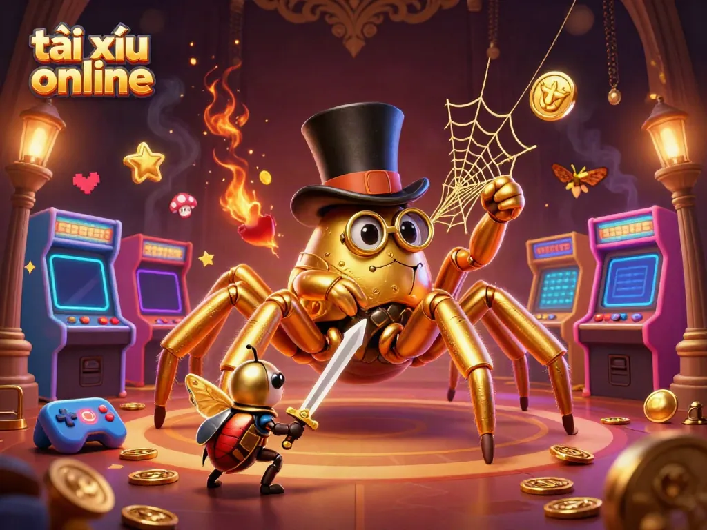 Engaging tài xỉu online illustration showing a golden tarantula and beetle knight in a dynamic casino setting.
