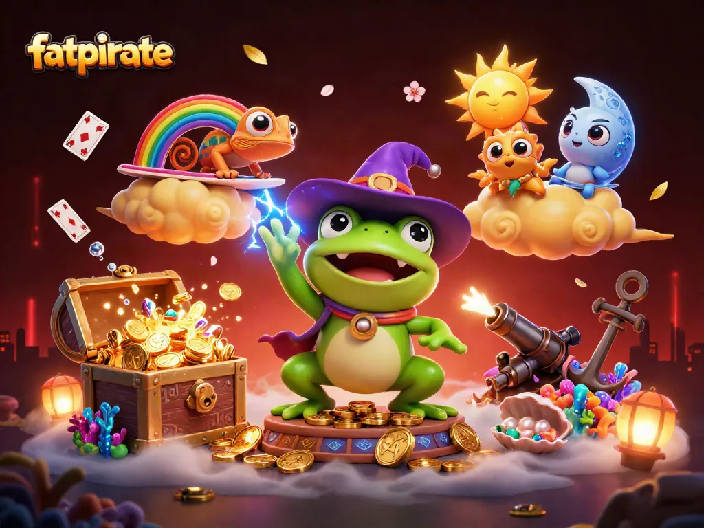 Experience the exciting world of fatpirate with a whimsical casino scene featuring treasure and games.