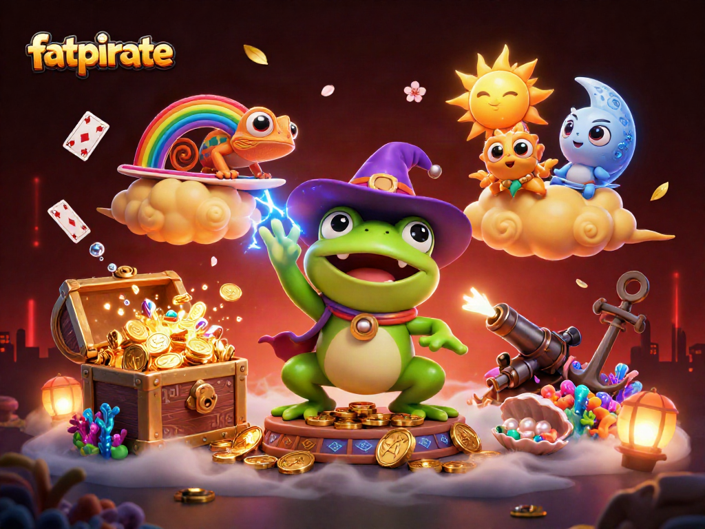 Experience the exciting world of fatpirate with a whimsical casino scene featuring treasure and games.