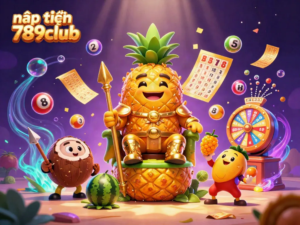 Engage in nạp tiền 789club with vibrant illustrations of a casino scene featuring a tropical pineapple king and lively game elements.