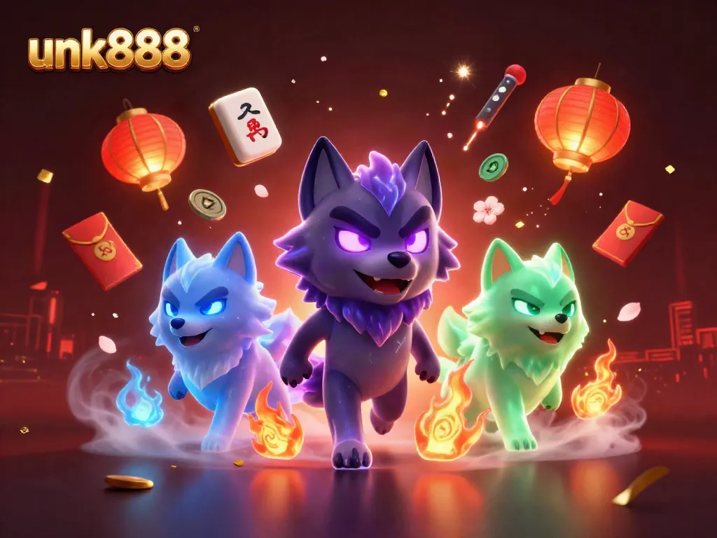 Experience the thrill of gambling with unk888, featuring ghostly wolves, mahjong tiles, and vibrant red lanterns.