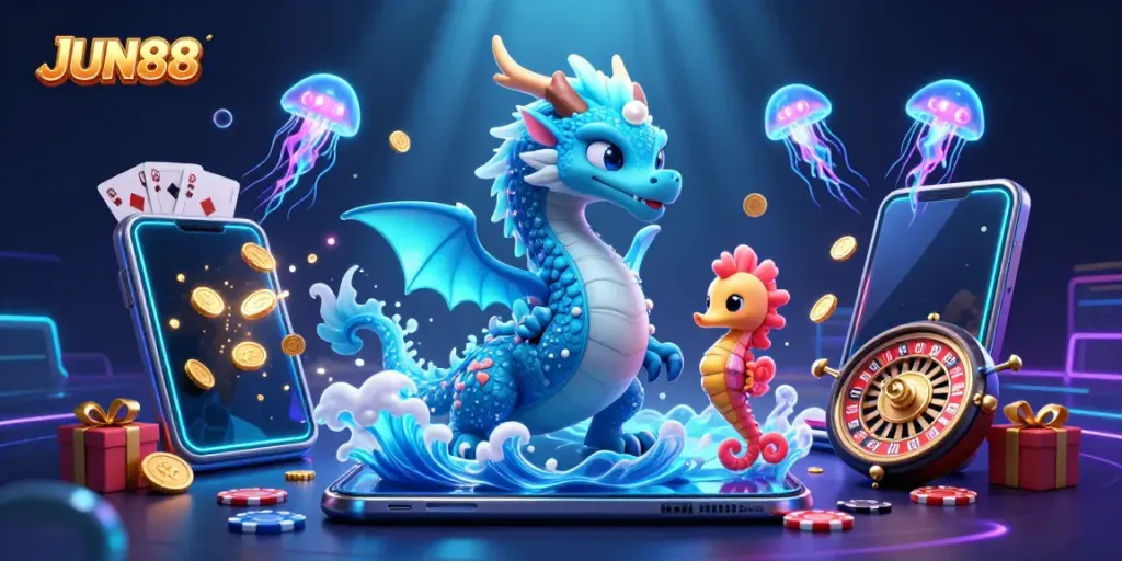 Experience the thrilling world of JUN88 with a vibrant underwater casino scene featuring a dragon and jellyfish.