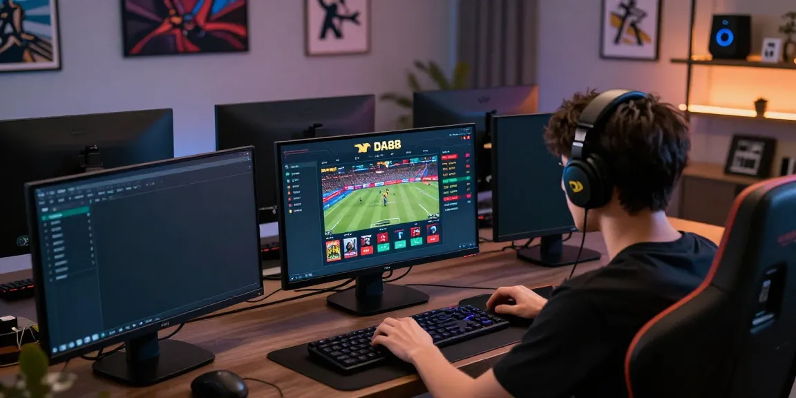 Engaged user on DA88 platform enjoying live sports betting in a modern gaming setup.