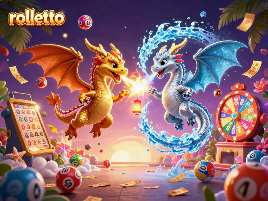 Engage with rolletto's dynamic casino games illustrated by twin dragons amidst vibrant lottery elements.