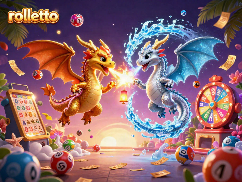 Engage with rolletto's dynamic casino games illustrated by twin dragons amidst vibrant lottery elements.
