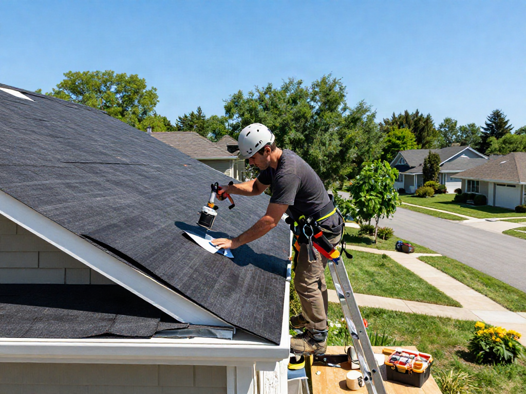 Roofer performing felt roof replacement on a residential home with tools and materials visible in a sunny environment.