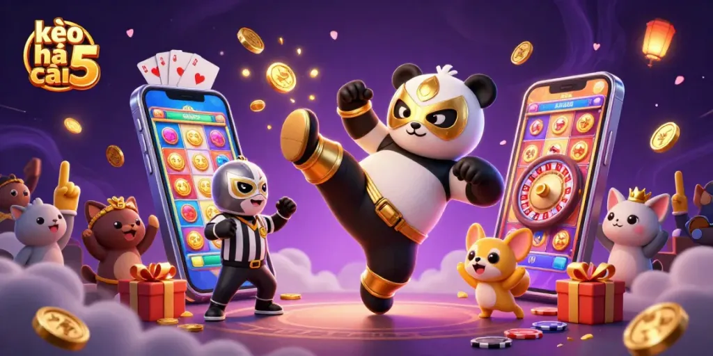Bet on kèo nhà cái 5 with a dynamic illustration of a panda wrestler flying kick amidst casino elements.