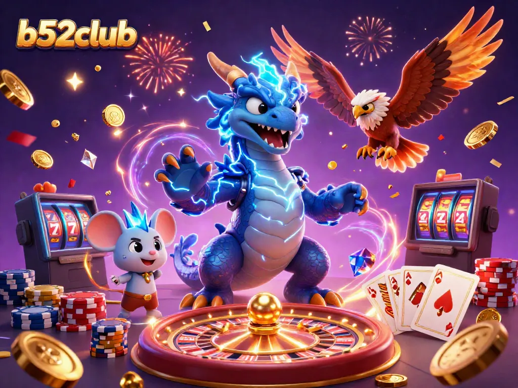 Experience excitement at b52club with animated characters and dynamic casino elements swirling in a vibrant scene.