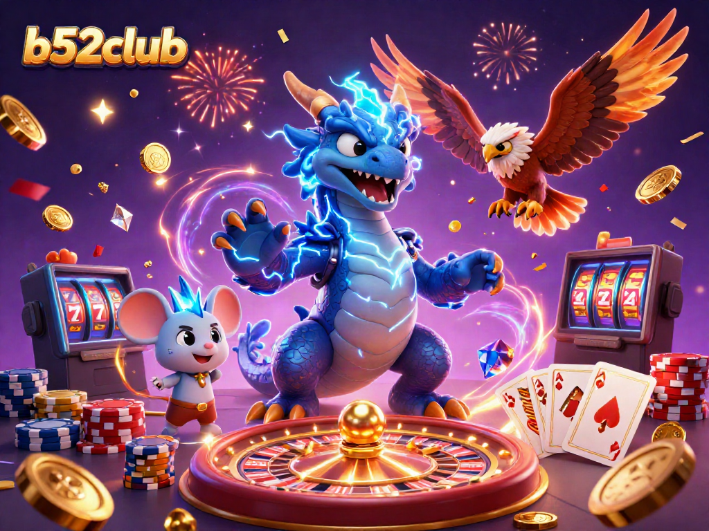 Experience excitement at b52club with animated characters and dynamic casino elements swirling in a vibrant scene.