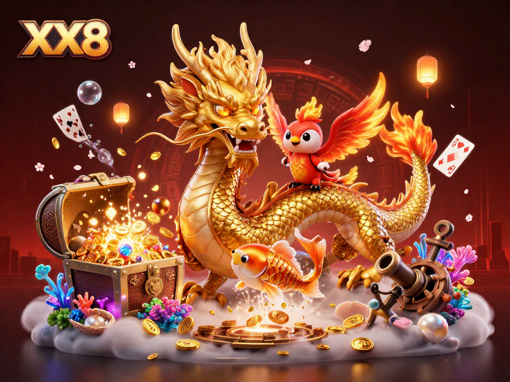 XX8 showcases a vibrant casino scene with a golden dragon and phoenix amidst coins.