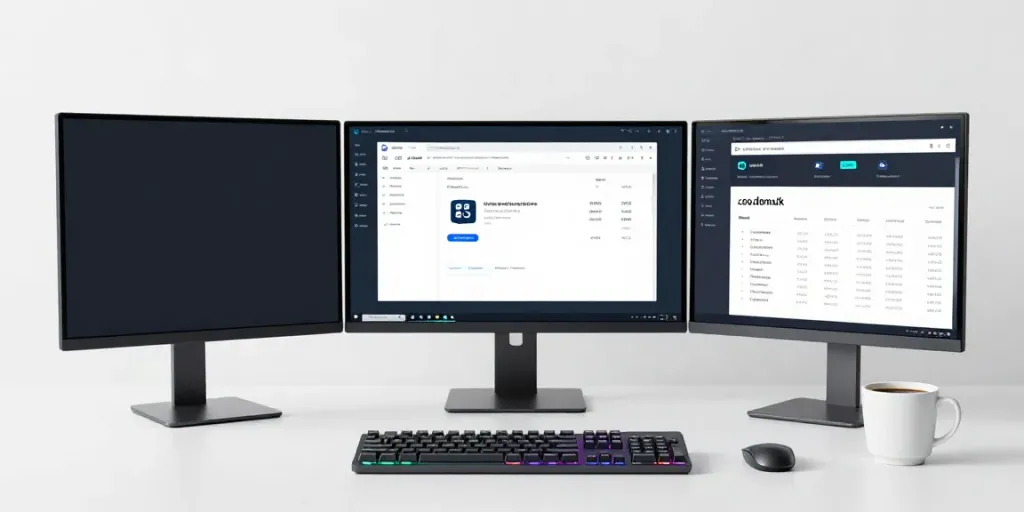 Cheap .co.uk renewal shown in a developer's workspace with advanced software tools and clean aesthetics.