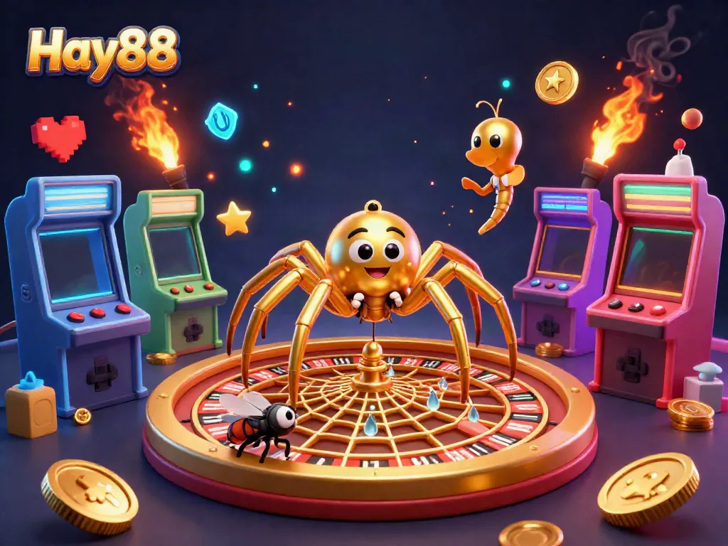 Experience thrilling gameplay at Hay88 with a golden spider web roulette, vibrant gaming elements, and a centipede croupier.