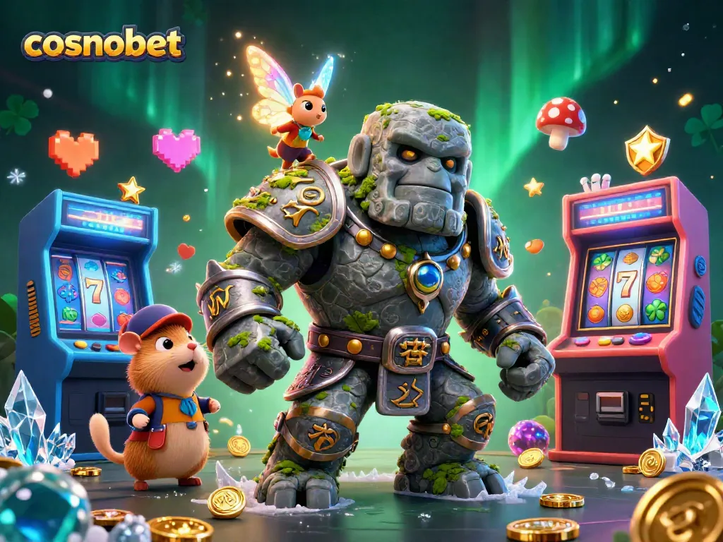 Experience winning at cosmobet with a magical scene featuring a golem, fairy, and hamster knight in a vibrant casino.