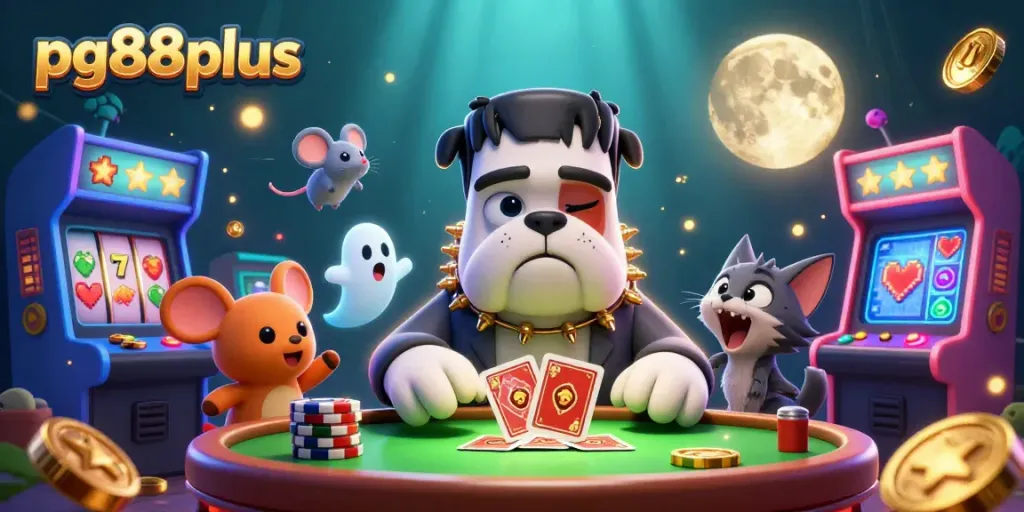 Experience thrilling games at pg88plus with a spooky scene featuring cards, coins, and fun characters!