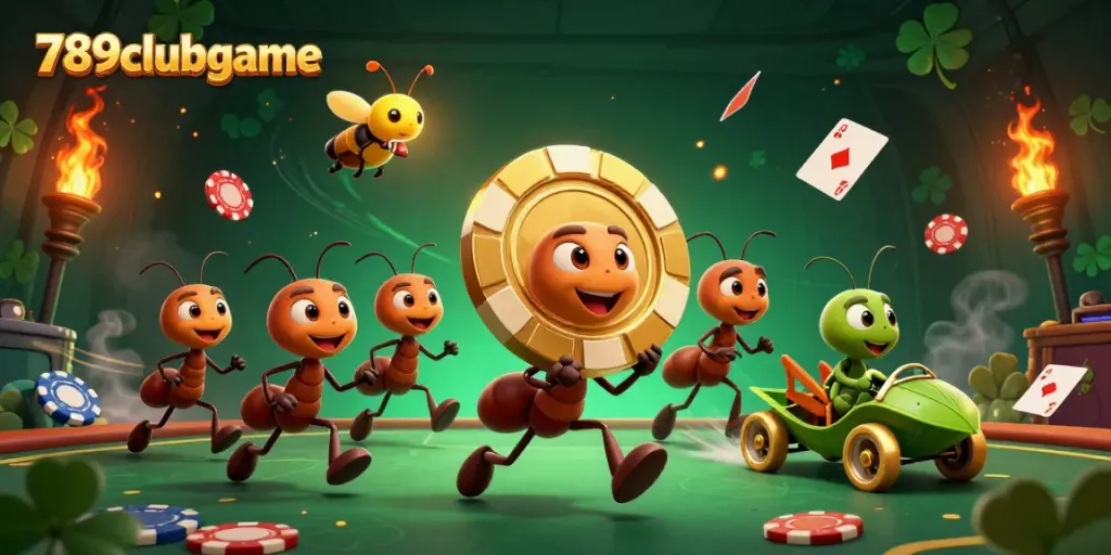 Run the heist with the 789clubgame team of ants carrying a giant poker chip and vivid poker elements.