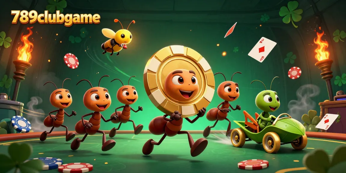 Run the heist with the 789clubgame team of ants carrying a giant poker chip and vivid poker elements.