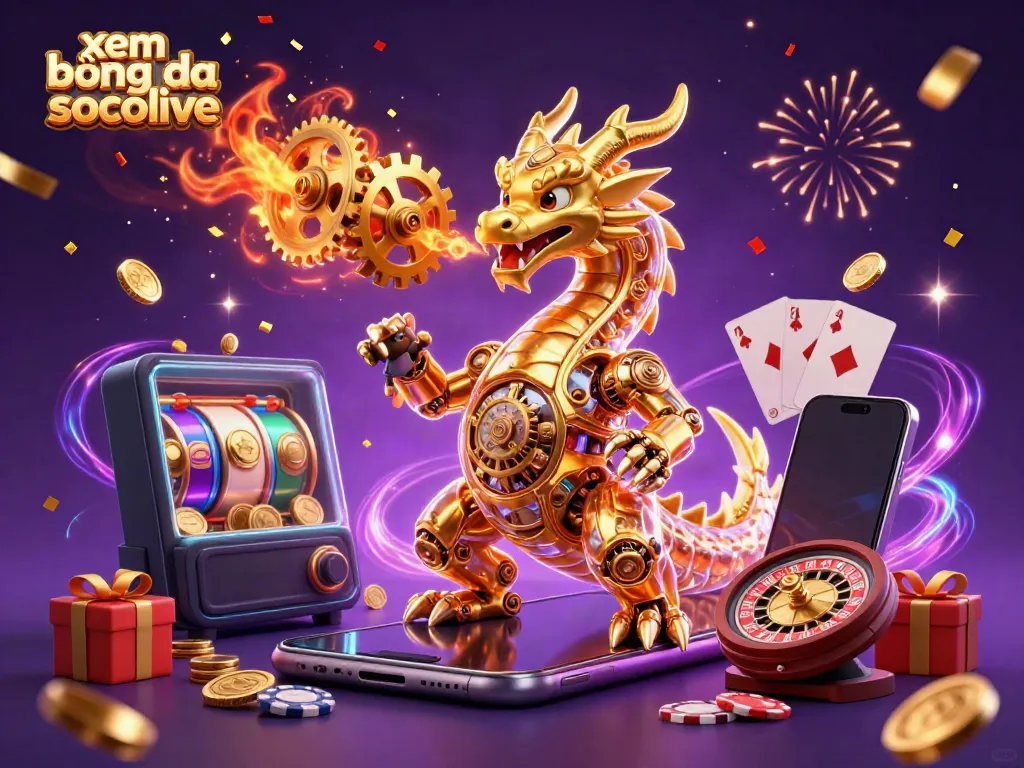 Experience the thrill of xem bóng đá socolive with a dynamic 3D illustration showcasing a golden dragon and gaming elements.