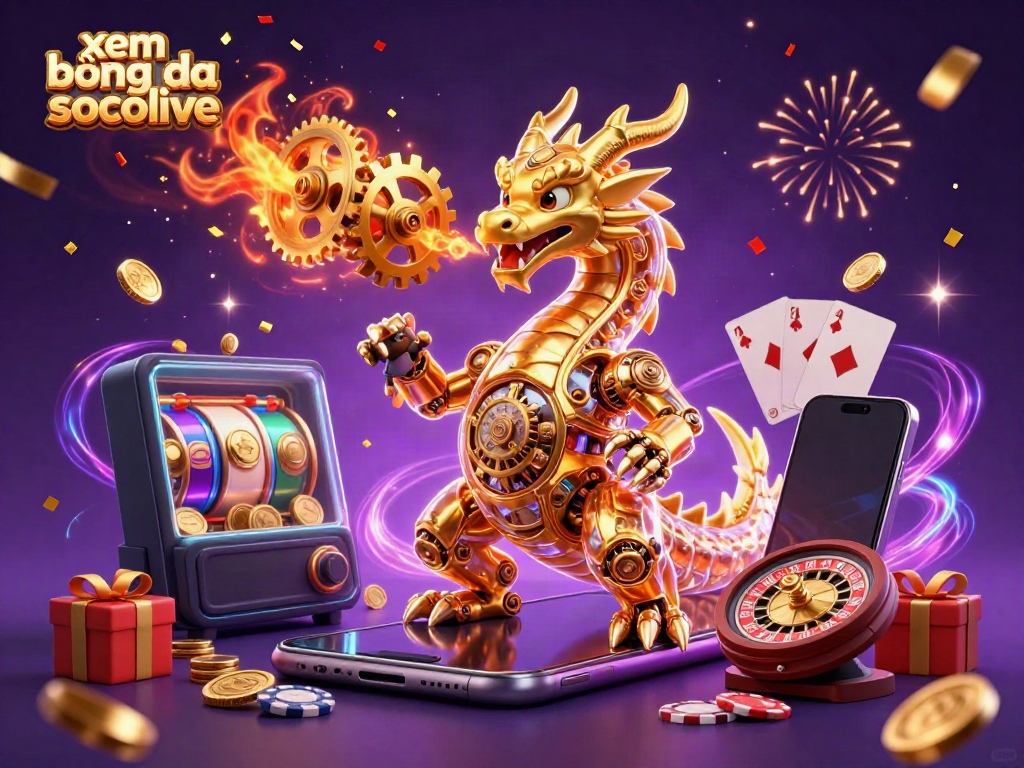 Experience the thrill of xem bóng đá socolive with a dynamic 3D illustration showcasing a golden dragon and gaming elements.
