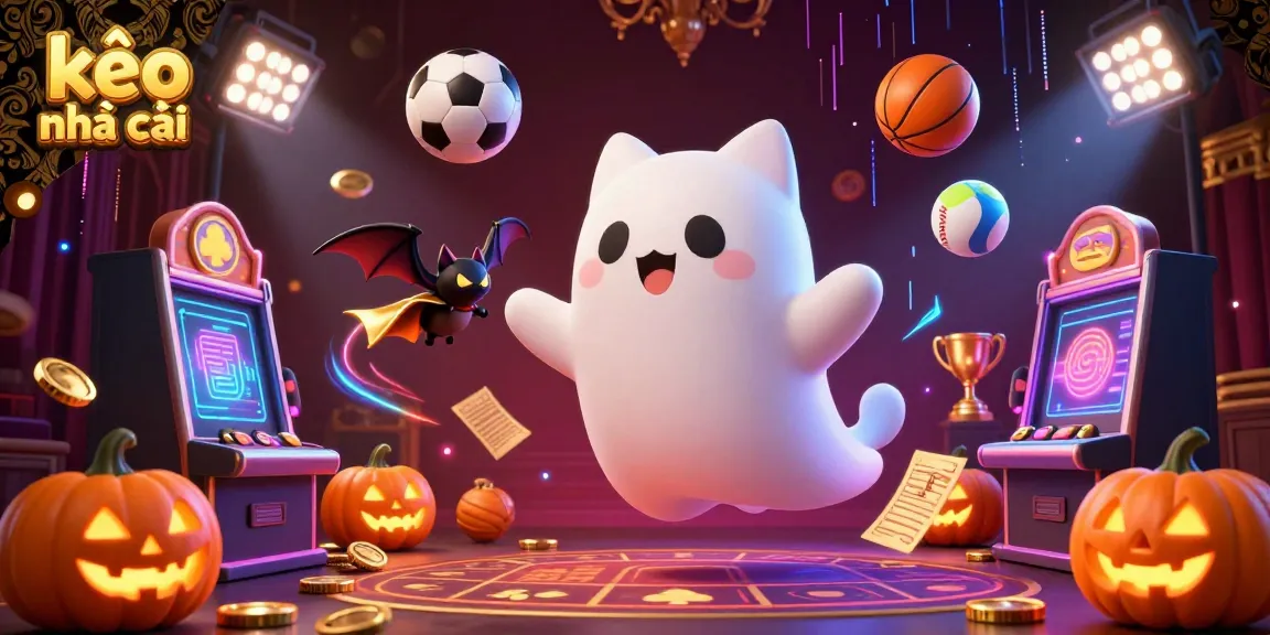 Engage with kèo nhà cái as a ghost cat floats in a haunted casino, surrounded by vibrant sports elements.