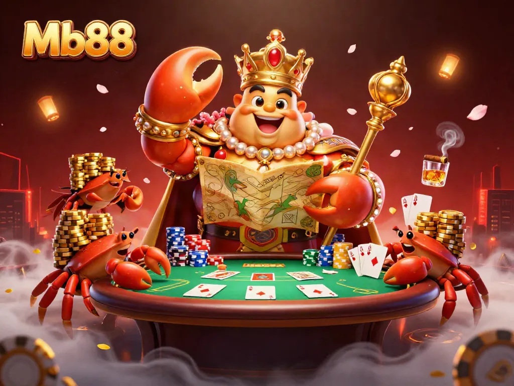 Experience the thrilling action at Mb88 with a royal crab emperor at a poker table full of chips and cards.
