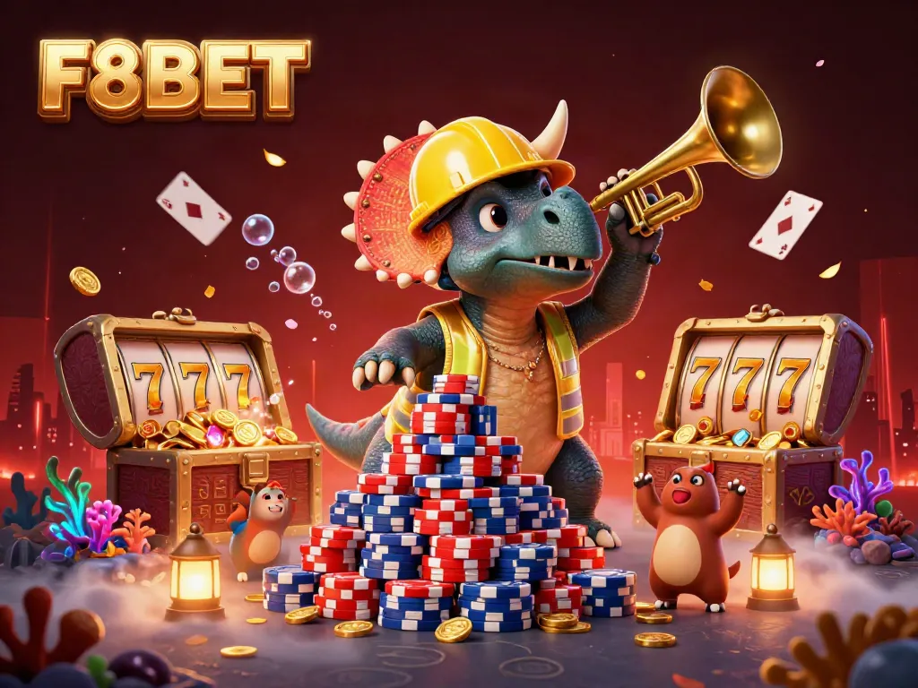 Engage with the excitement of F8BET through a 3D scene of a triceratops building poker chip stacks, surrounded by gaming elements.
