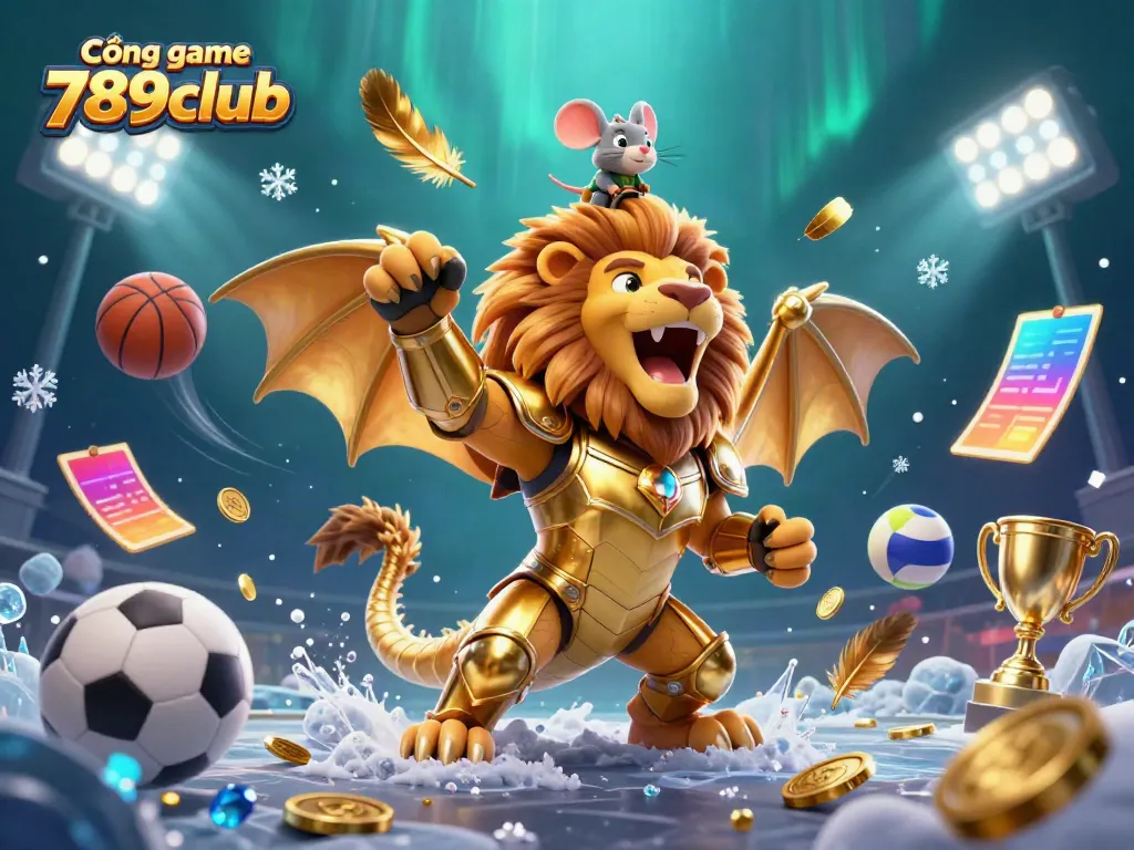 Experience the excitement of Cổng game 789club with a dynamic 3D illustration of a triumphant chimera and sports elements.