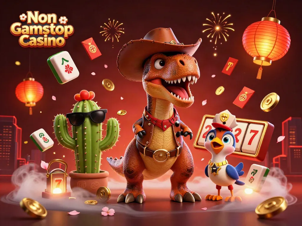 Engage with the vibrant Non Gamstop Casino illustration featuring animated characters and dynamic gaming elements.