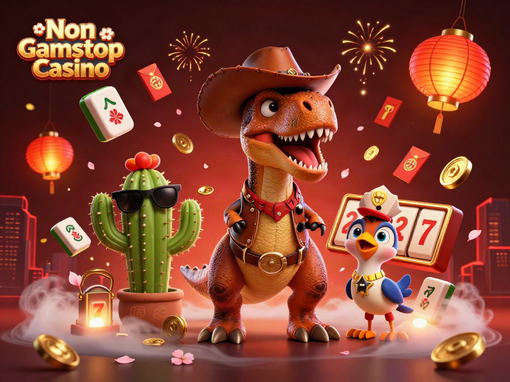 Engage with the vibrant Non Gamstop Casino illustration featuring animated characters and dynamic gaming elements.