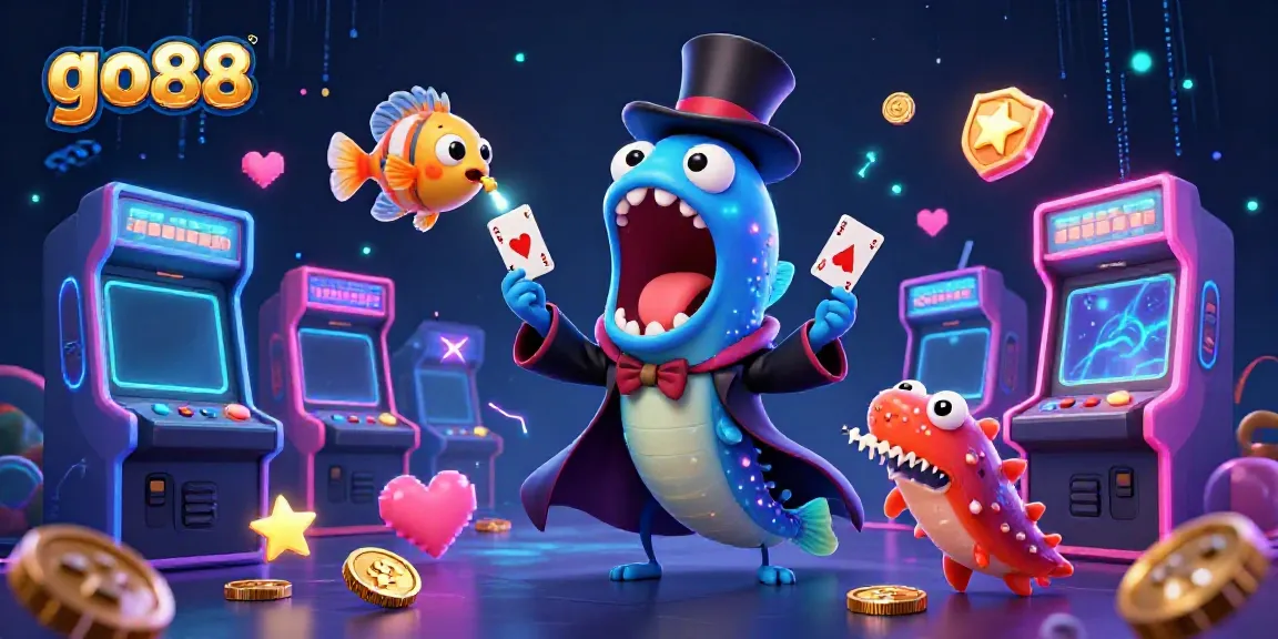 Engaging go88 gambling illustration with casino characters performing tricks amidst vibrant gaming elements.