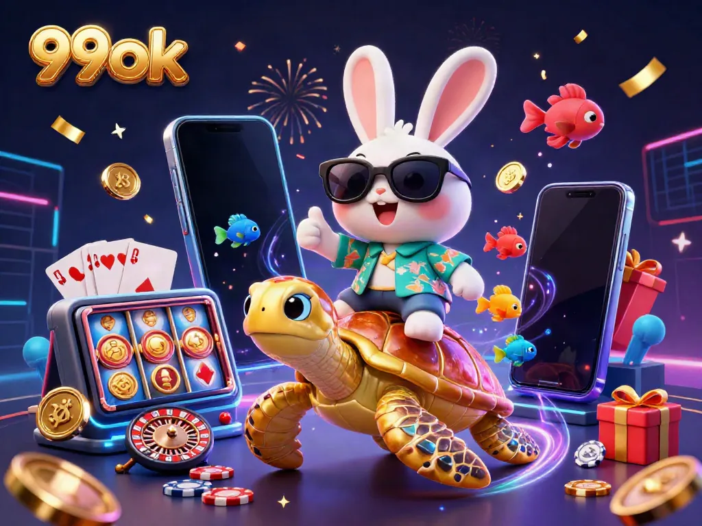 Experience the excitement of 99ok with a lucky rabbit and golden sea turtle celebrating with vibrant casino elements.