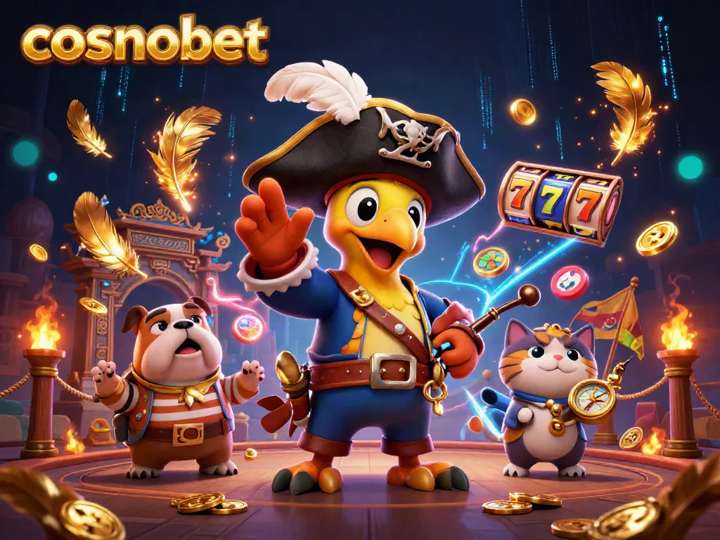 Engage in thrilling gameplay at cosmobet with vibrant casino-themed illustration featuring characters and slot elements.