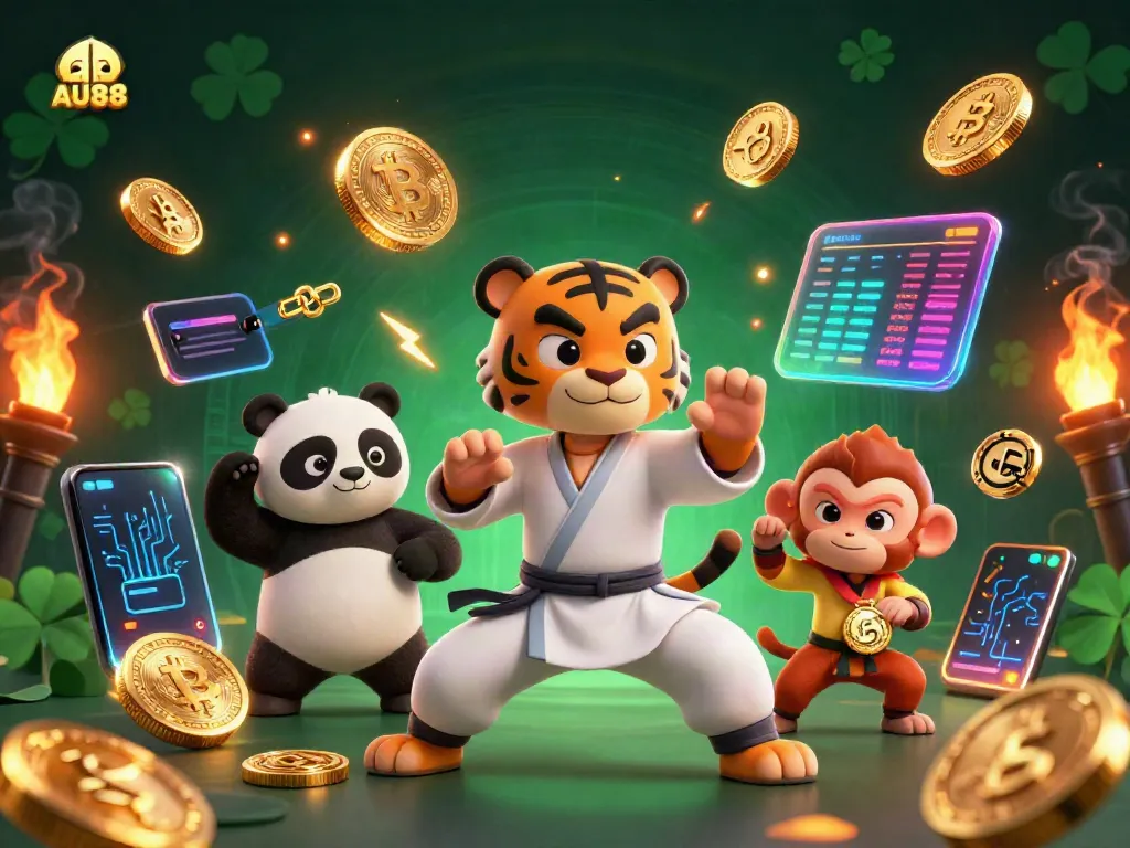 Engage with AU88 through a fun illustration of a kung fu tiger, panda, and monkey in a vibrant casino scene.
