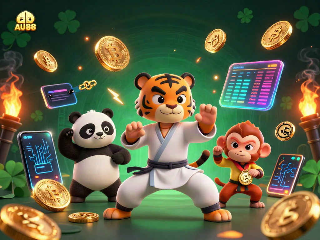 Engage with AU88 through a fun illustration of a kung fu tiger, panda, and monkey in a vibrant casino scene.